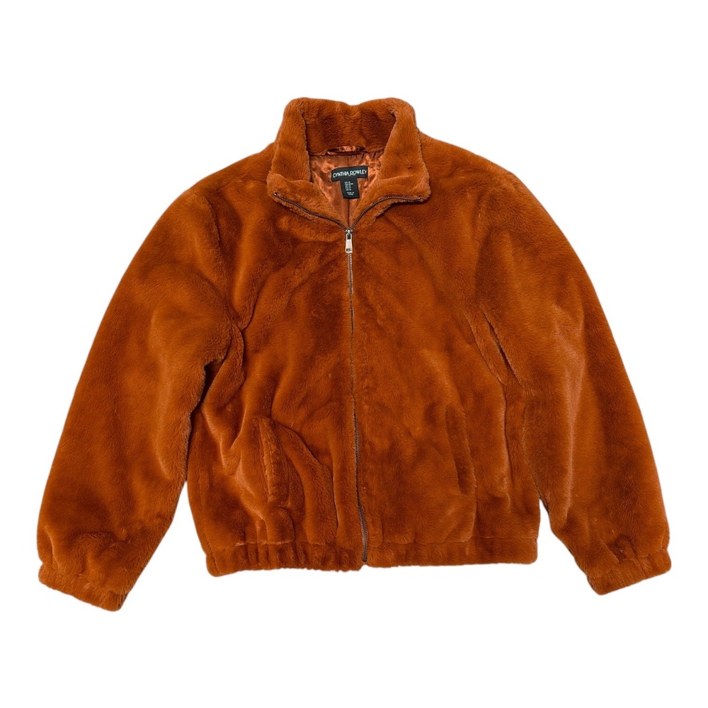 Cynthia Rowley Womens Faux Fur Bomber Jacket Burnt Orange Rust Zip Up Medium